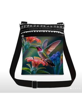Hummingbird Crossbody Bag Durable Canvas Vibrant Multicolor Boho Design